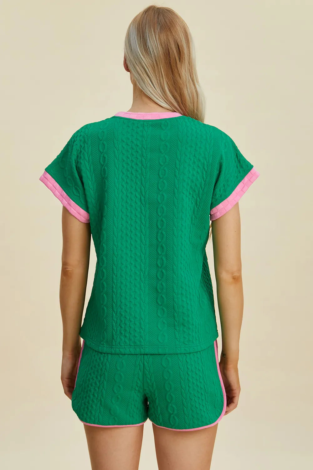 Image of Double Take Full Size Texture Contrast T-Shirt and Shorts Set | Queeble.shop
