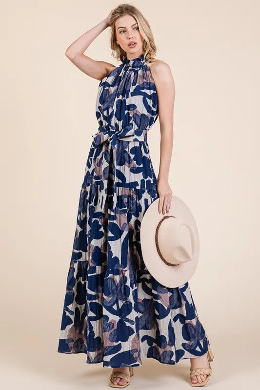 Image of Lime 'N' Chili Abstract Halter Neck Tie-Waist Tiered Maxi Dress | Queeble.shop