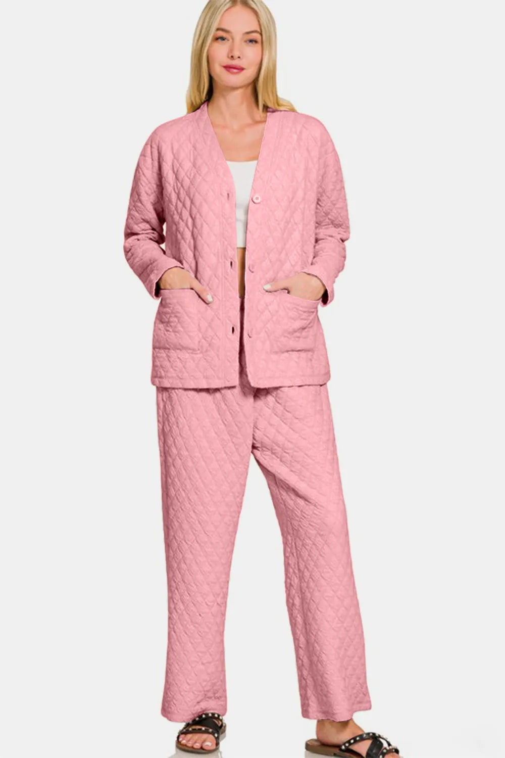 Image of Zenana Quilted Button Up Long Sleeve Top and Pants Lounge Set | Queeble.shop