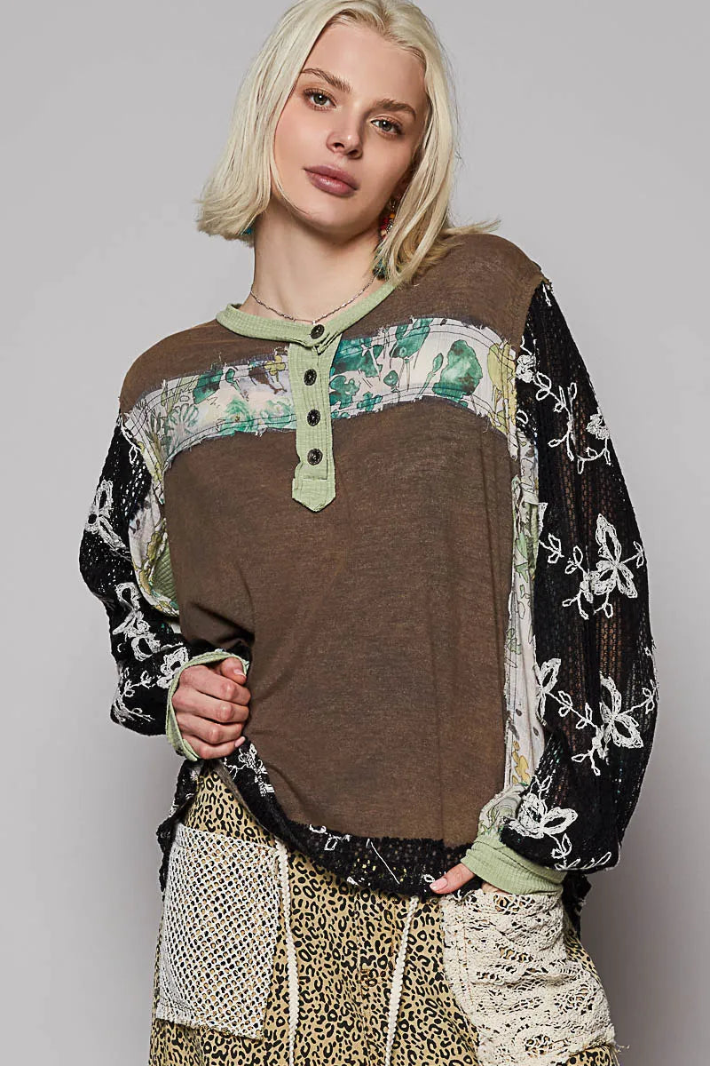 Image of POL Button Detail Floral Patchwork Crochet Sleeve Blouse | Queeble.shop