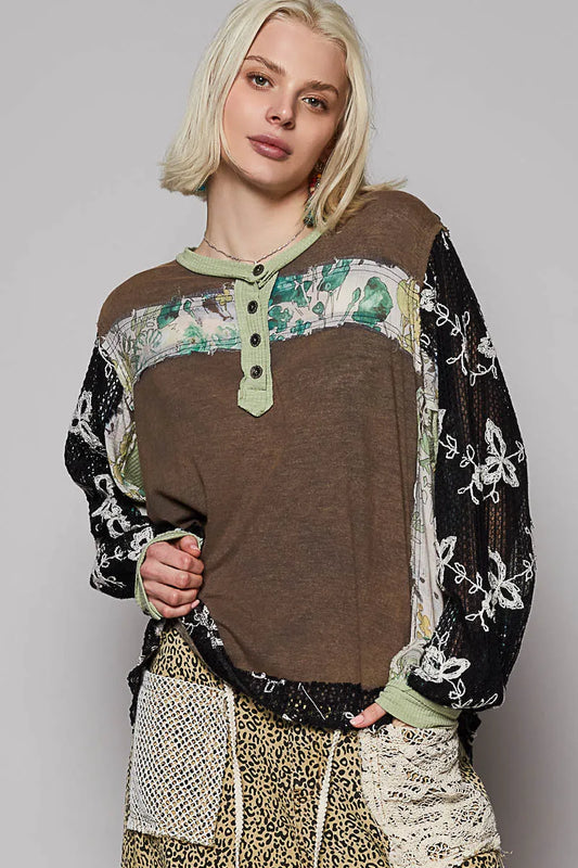 Image of POL Button Detail Floral Patchwork Crochet Sleeve Blouse | Queeble.shop