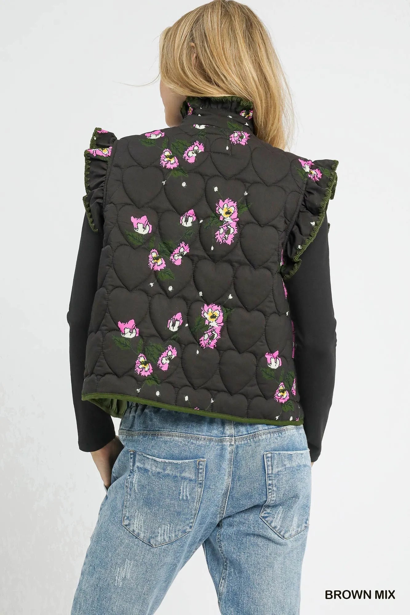 Image of Umgee Ruffled Quilted Floral Snap Down Vest | Queeble.shop