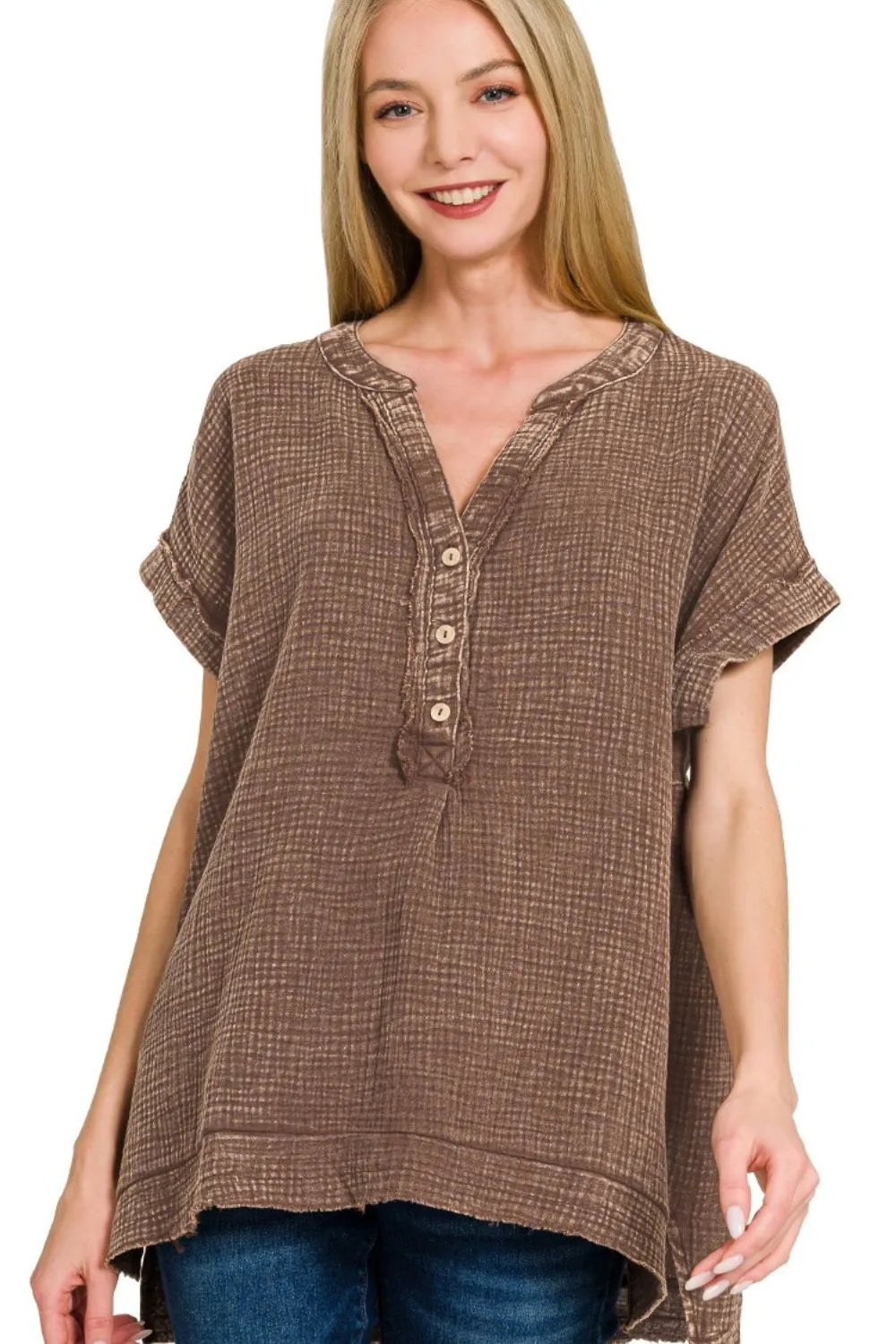 Image of Zenana Washed Double Gauze 3/4 Button Henley Neck Shirt | Queeble.shop