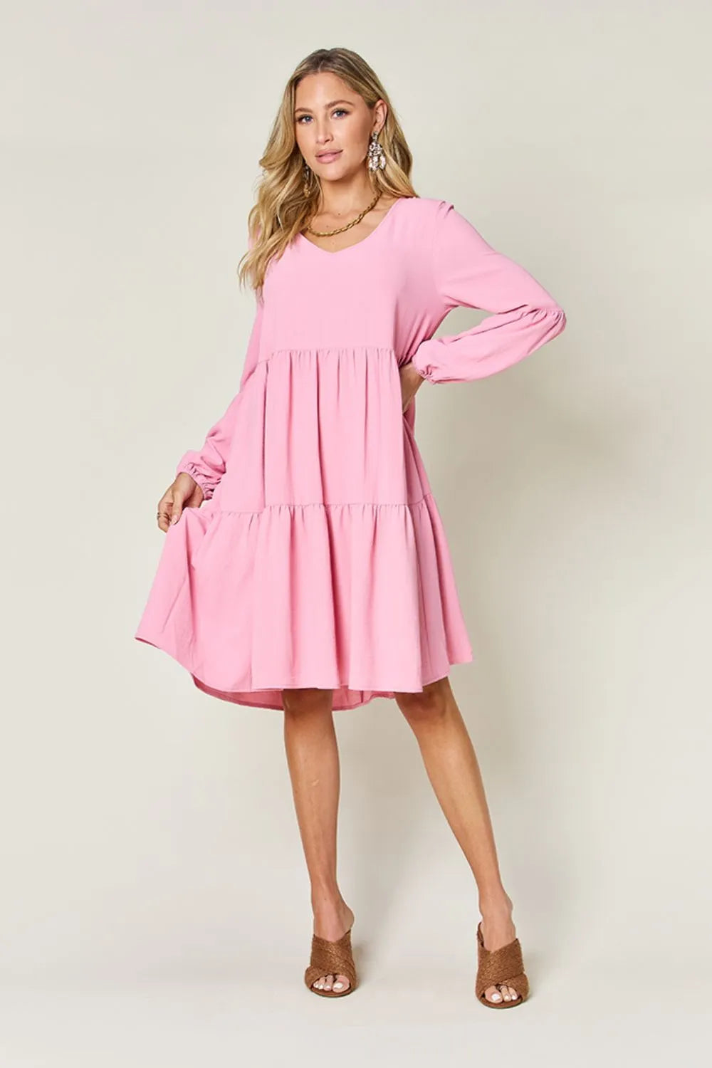 Image of Double Take Full Size V-Neck Balloon Sleeve Tiered Dress with Pockets | Queeble.shop
