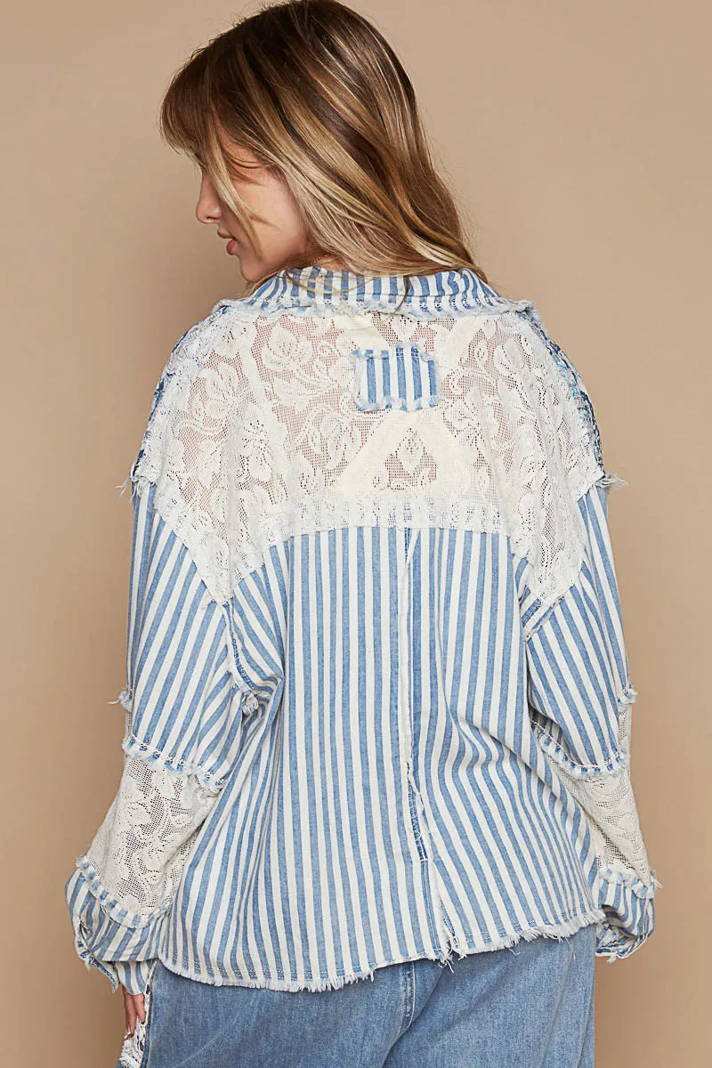 Image of POL Printed Woven Mix Raw Hem Jacket with Lace Detail | Queeble.shop