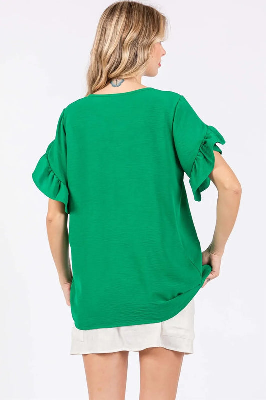 Image of GeeGee Ruffled Short Sleeve V-Neck Blouse | Queeble.shop