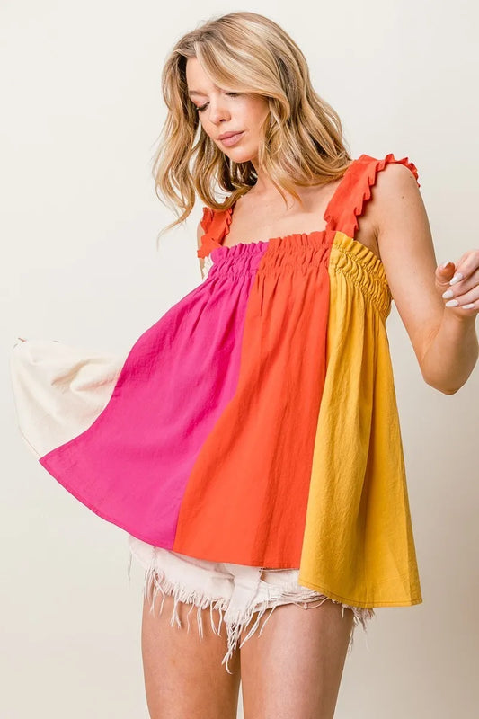 Image of BiBi Frill Shoulder Strap Color Block Bodice Top | Queeble.shop