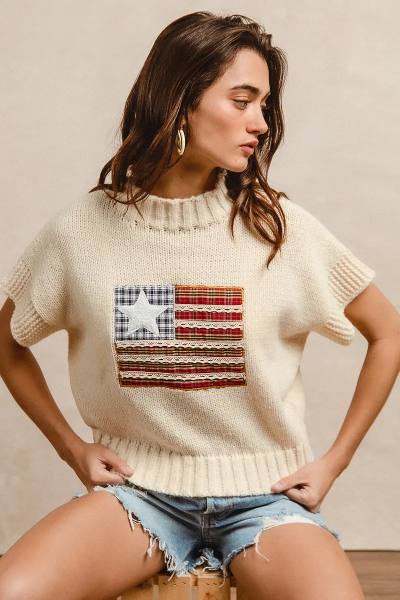 Image of BiBi American Flag Patchwork Drop Shoulder Sweater | Queeble.shop