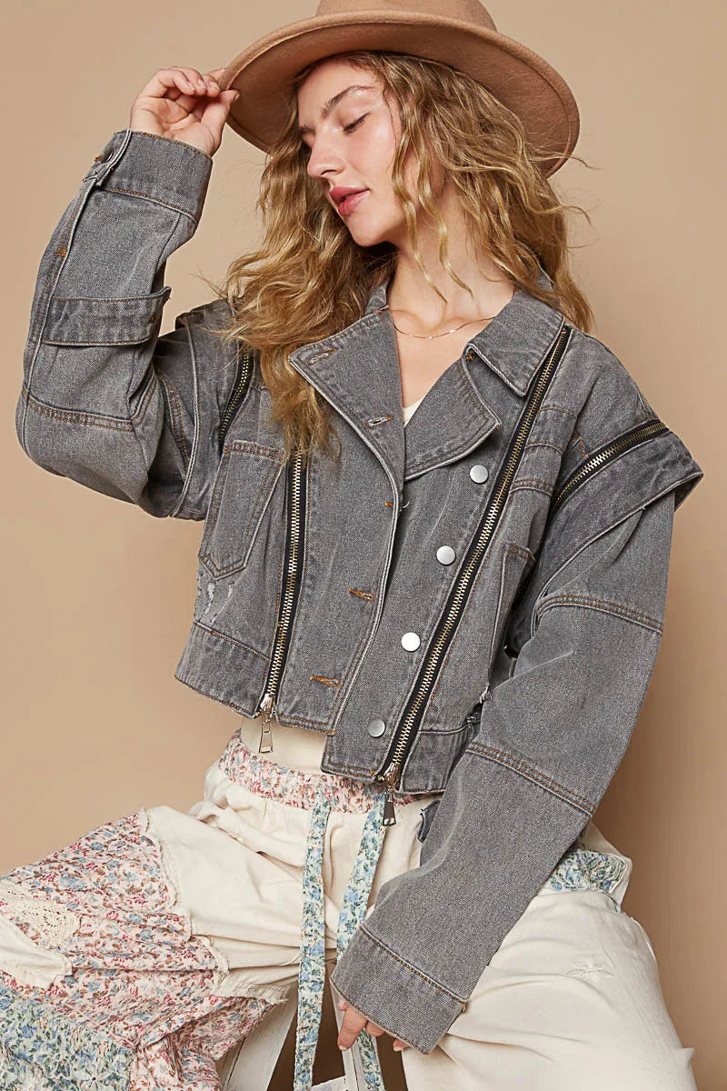 Image of POL Cropped Denim Jacket with Functional Zipper Detail | Queeble.shop