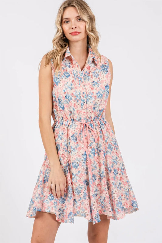 Image of GeeGee Full Size Floral Eyelet Sleeveless Mini Dress | Queeble.shop