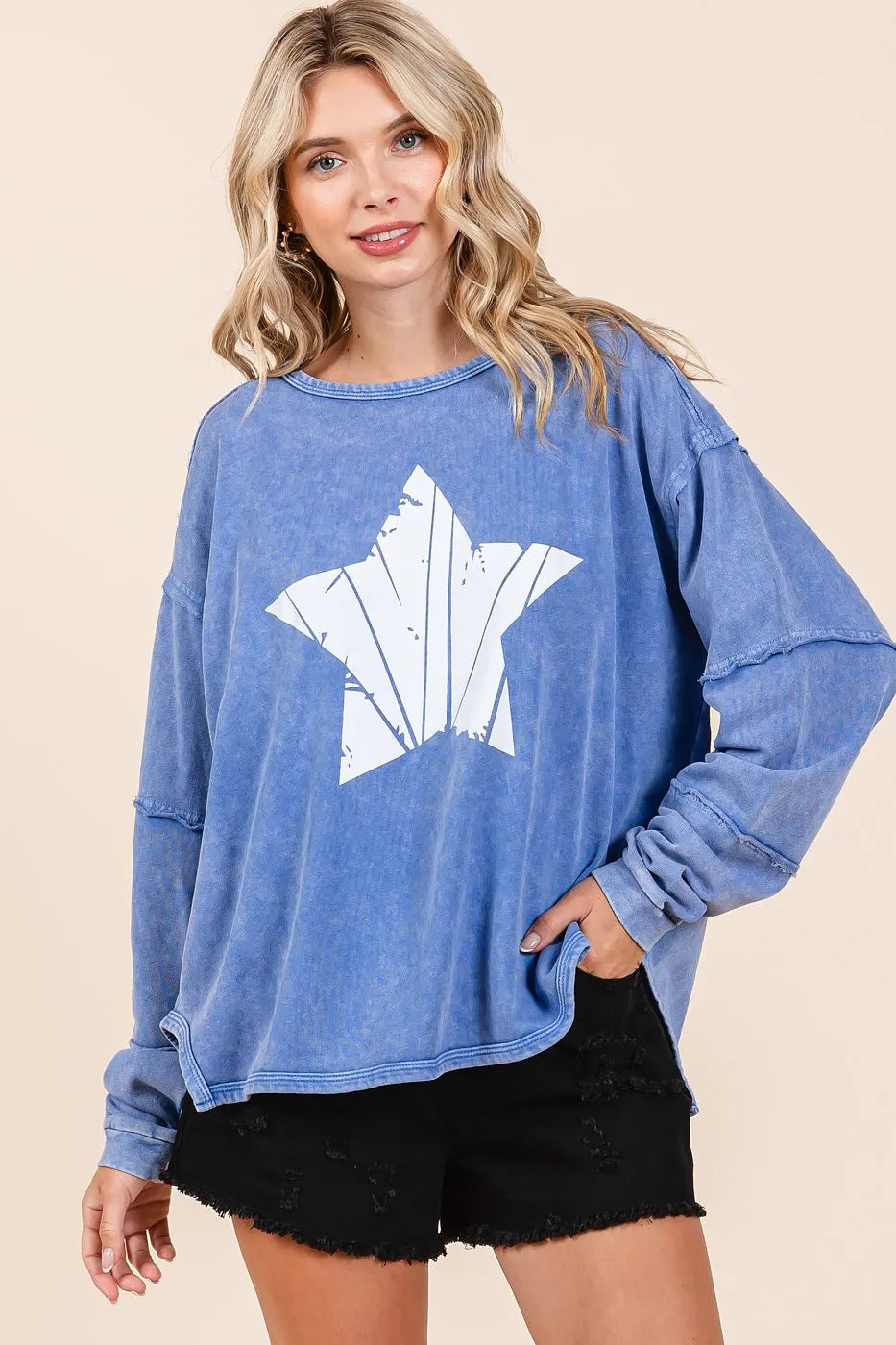 Image of Mittoshop Star Graphic Mineral Wash Long Sleeve Top | Queeble.shop