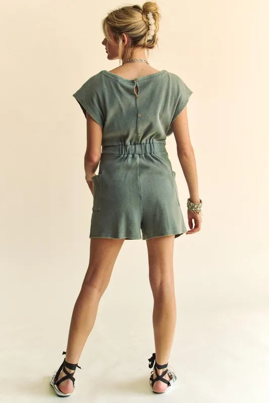 Image of Davi & Dani Acid-Washed Waffle Knit Cuffed Sleeves Romper | Queeble.shop