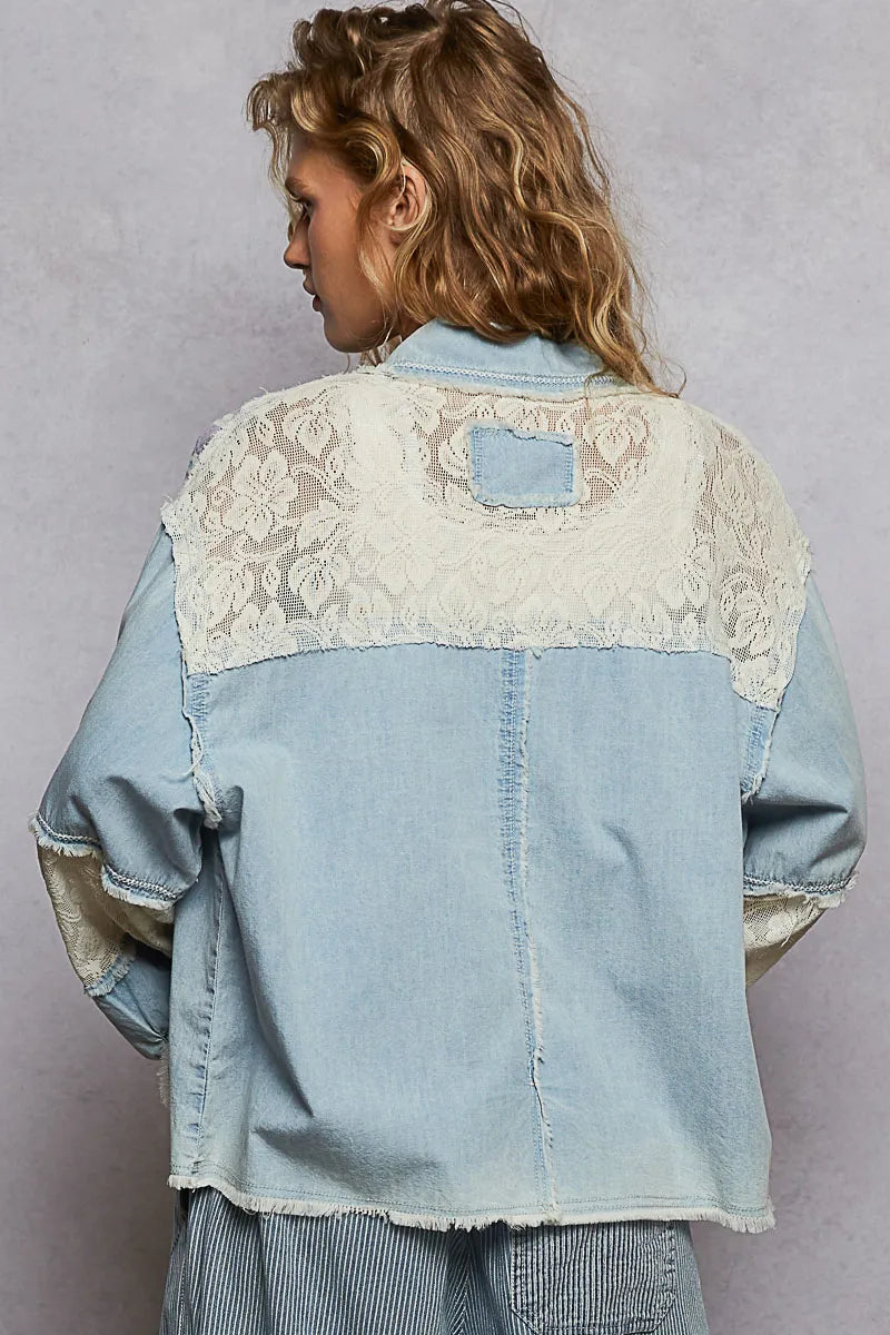 Image of POL Printed Woven Mix Raw Hem Jacket with Lace Detail | Queeble.shop