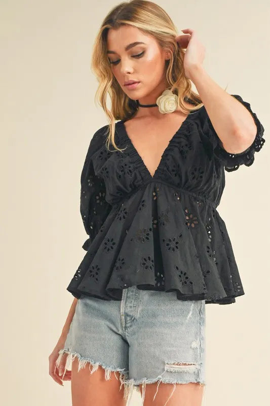 Image of Aemi + Co Eyelet Embroidered V-Neck Half Sleeve Peplum Blouse | Queeble.shop
