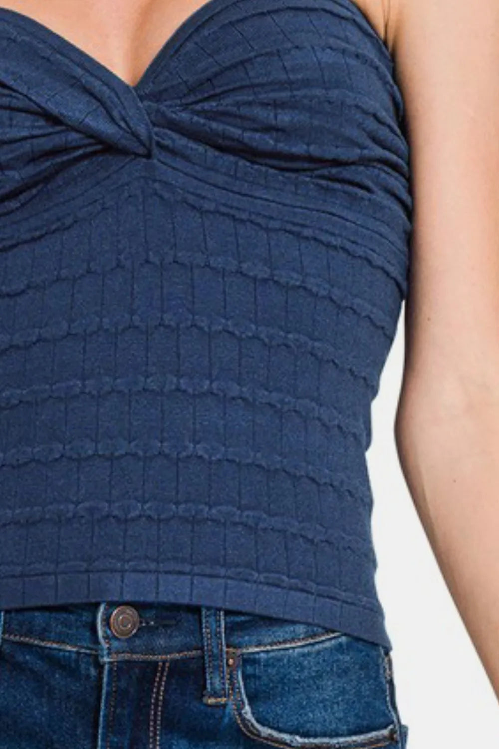 Image of Zenana Ruched Twisted Sweetheart Neck Top | Queeble.shop