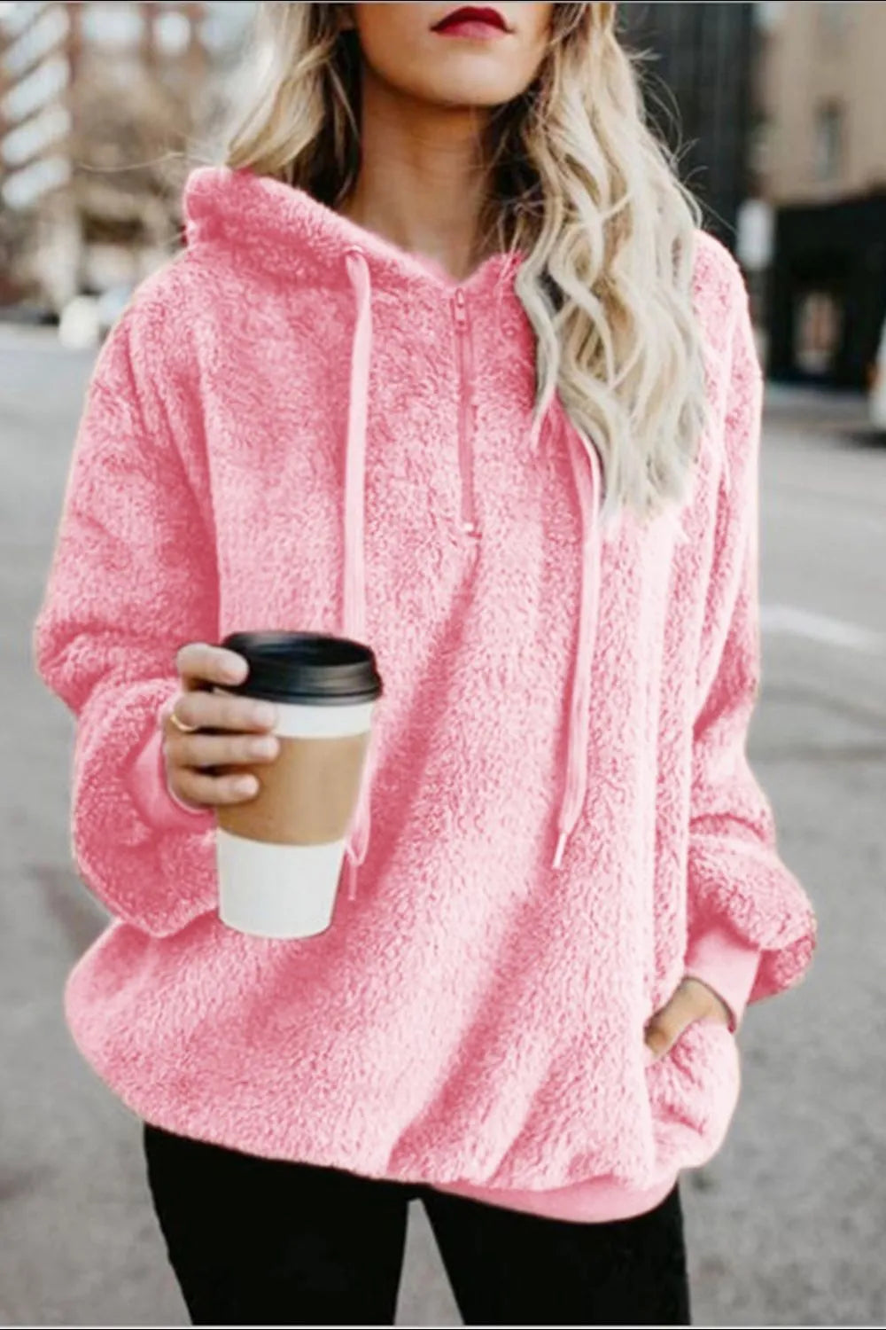 Image of Full Size Quarter-Zip Drawstring Teddy Hoodie | Queeble.shop
