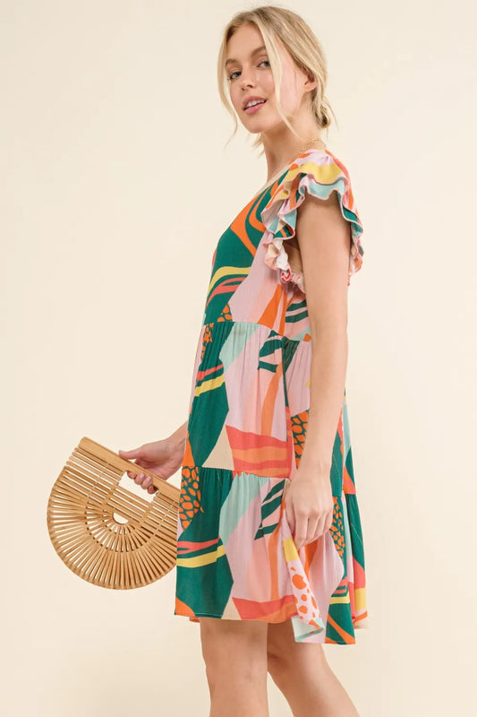 Image of And The Why Printed Double Ruffle Sleeve Dress | Queeble.shop