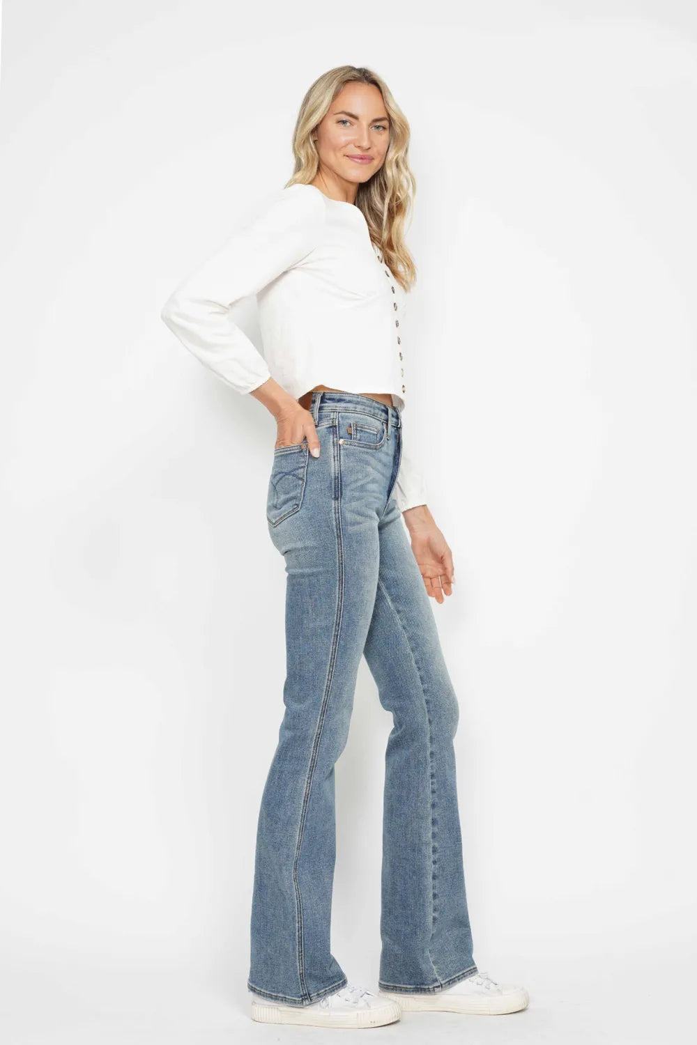 Image of Judy Blue Full Size Tummy Control Back Embroidered Pocketed Bootcut Jeans Plus Size | Queeble.shop