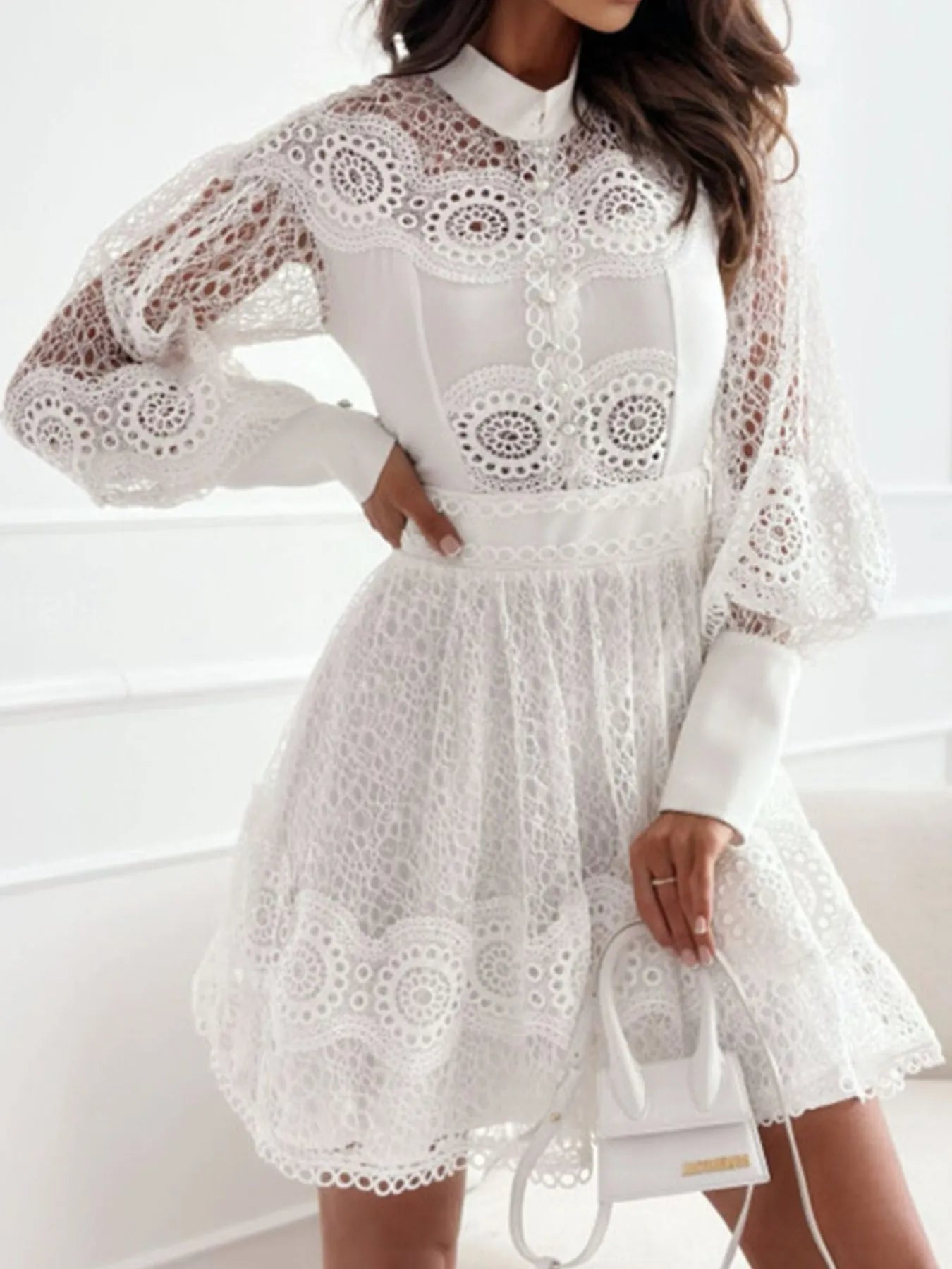 Image of Lace Lantern Sleeve Mini Dress | Queeble.shop