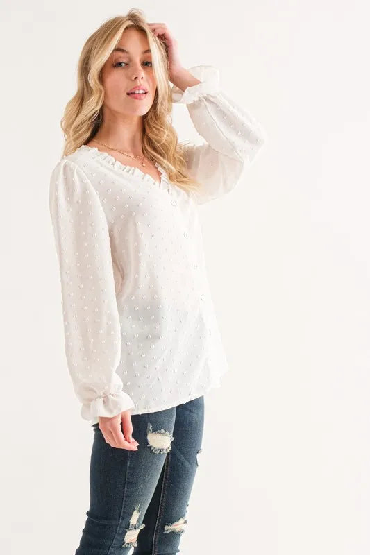 Image of And The Why Polka Dot Ruffle Detailed Blouse Top | Queeble.shop