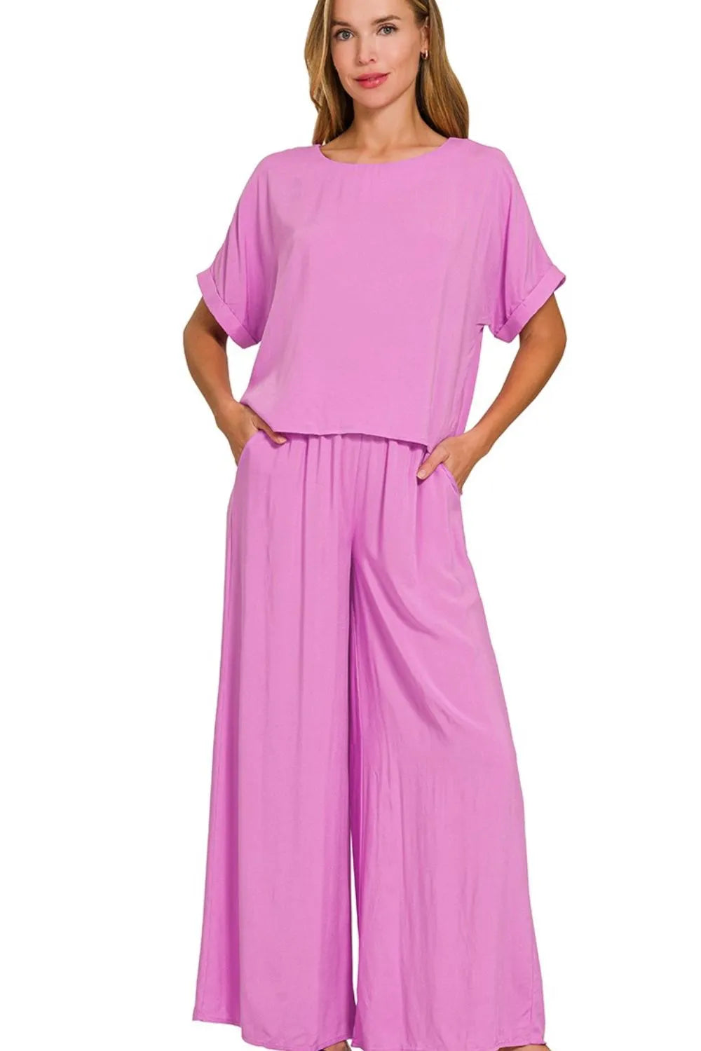 Image of Zenana Round Neck T-Shirt and Wide Leg Pants Set | Queeble.shop