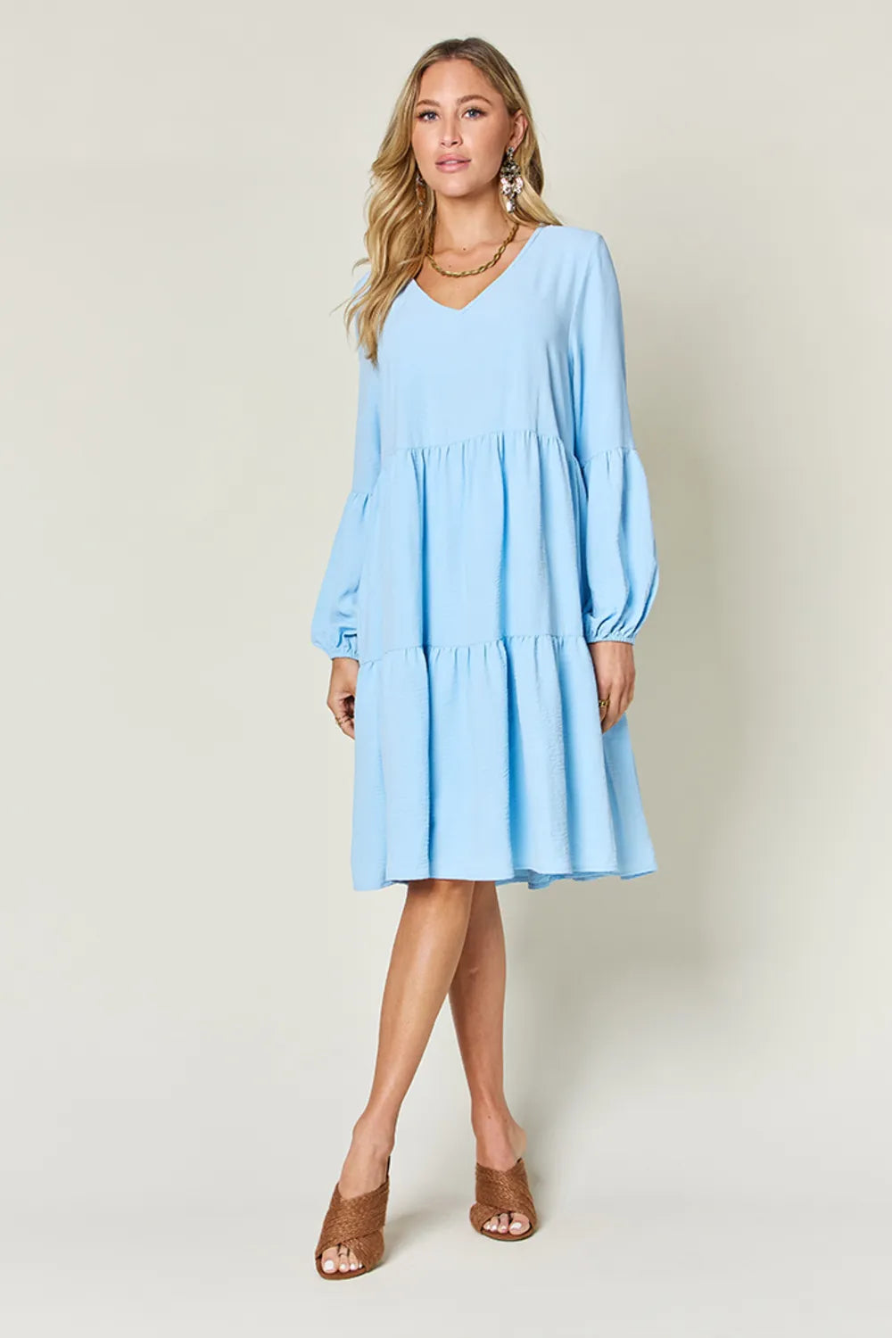Image of Double Take Full Size V-Neck Balloon Sleeve Tiered Dress with Pockets | Queeble.shop