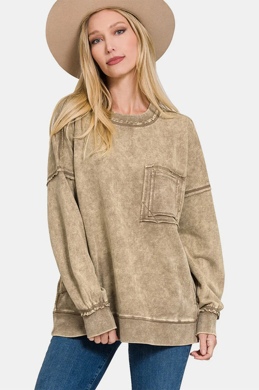 Image of Zenana Exposed Seam Round Neck Dropped Shoulder Sweatshirt | Queeble.shop