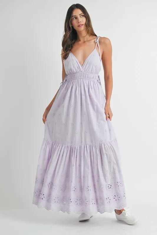 Image of MABLE Eyelet Lace Maxi Dress With Side Strap Details | Queeble.shop