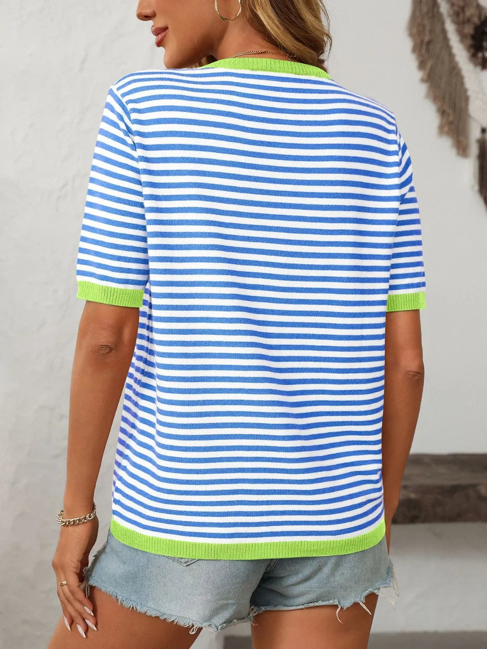 Image of Mandy Striped Round Neck Half Sleeve Knit Top | Queeble.shop