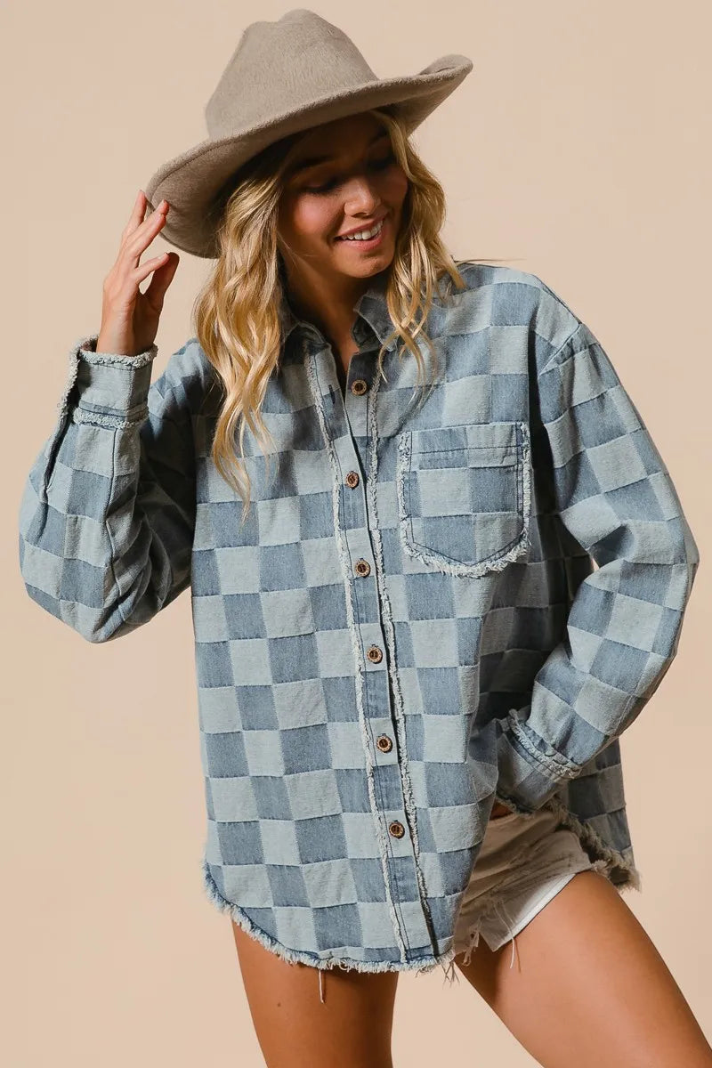 Image of BiBi Frayed Edged Detail Washed Checker Denim Shirt | Queeble.shop