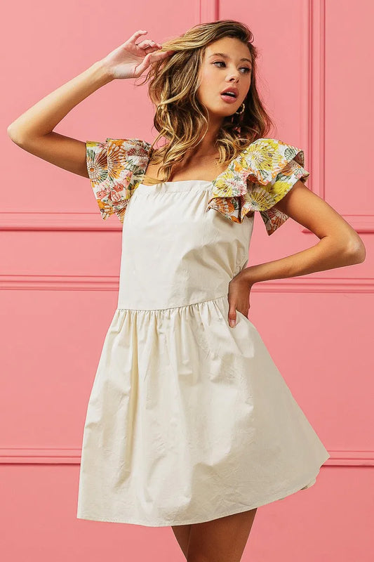 Image of BiBi Flower Embroidered Floral Print Sleeve Dress | Queeble.shop