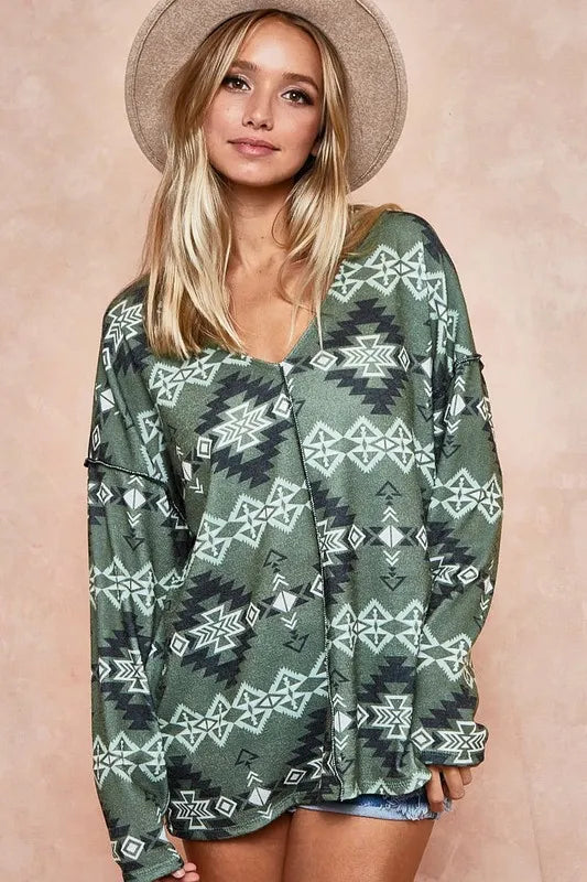 Image of BiBi Aztec Print Brushed Out Stitching Detailed Top | Queeble.shop