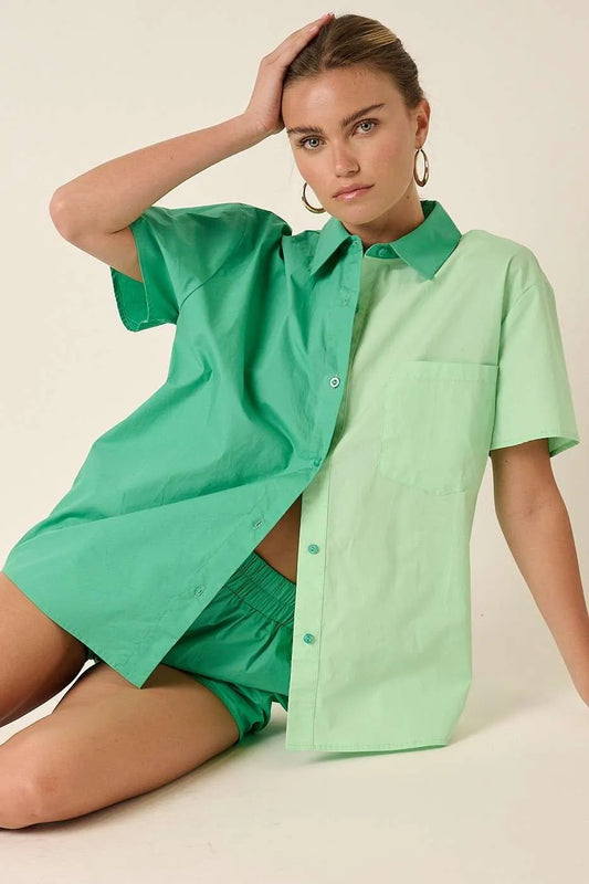 Image of Mittoshop Color Block Short Sleeve Shirt and Shorts Set | Queeble.shop