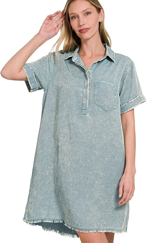Image of Zenana Tencel Mineral Washed Collared Shirts Dress | Queeble.shop