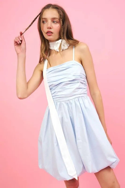 Image of Mittoshop Ruched Detail Bubble Hem Mini Dress | Queeble.shop