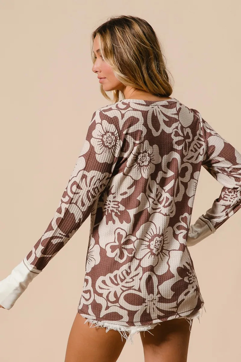 Image of BiBi Flower Printed Waffle Thumb Opening Top | Queeble.shop