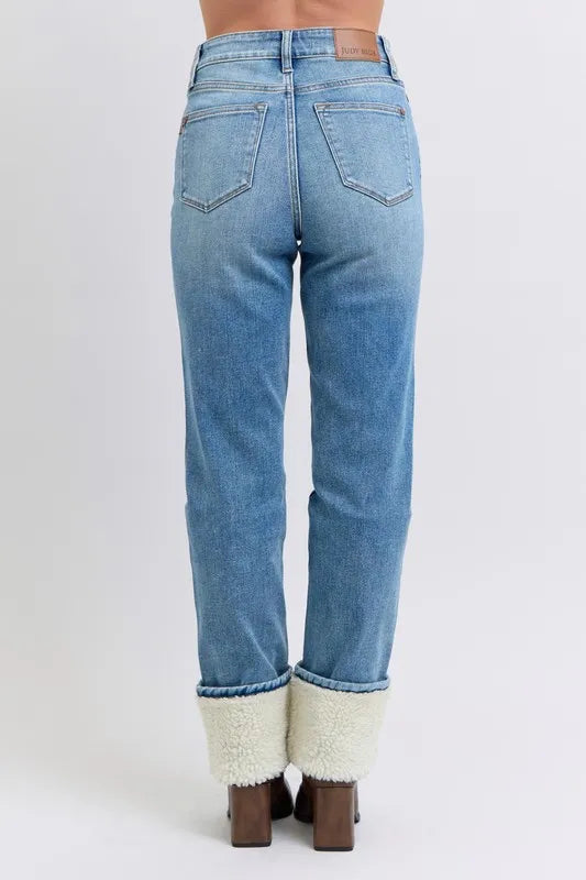 Image of Judy Blue Full Size High Waist Shearling Cuff Straight Plus Size | Queeble.shop