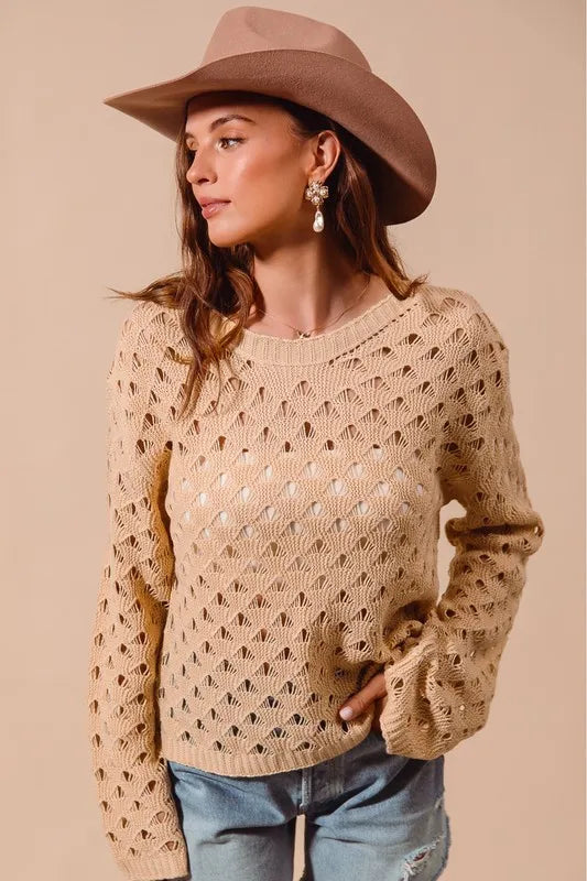 Image of SO ME Geometric Pattern Open Knit Lightweight Sweater | Queeble.shop