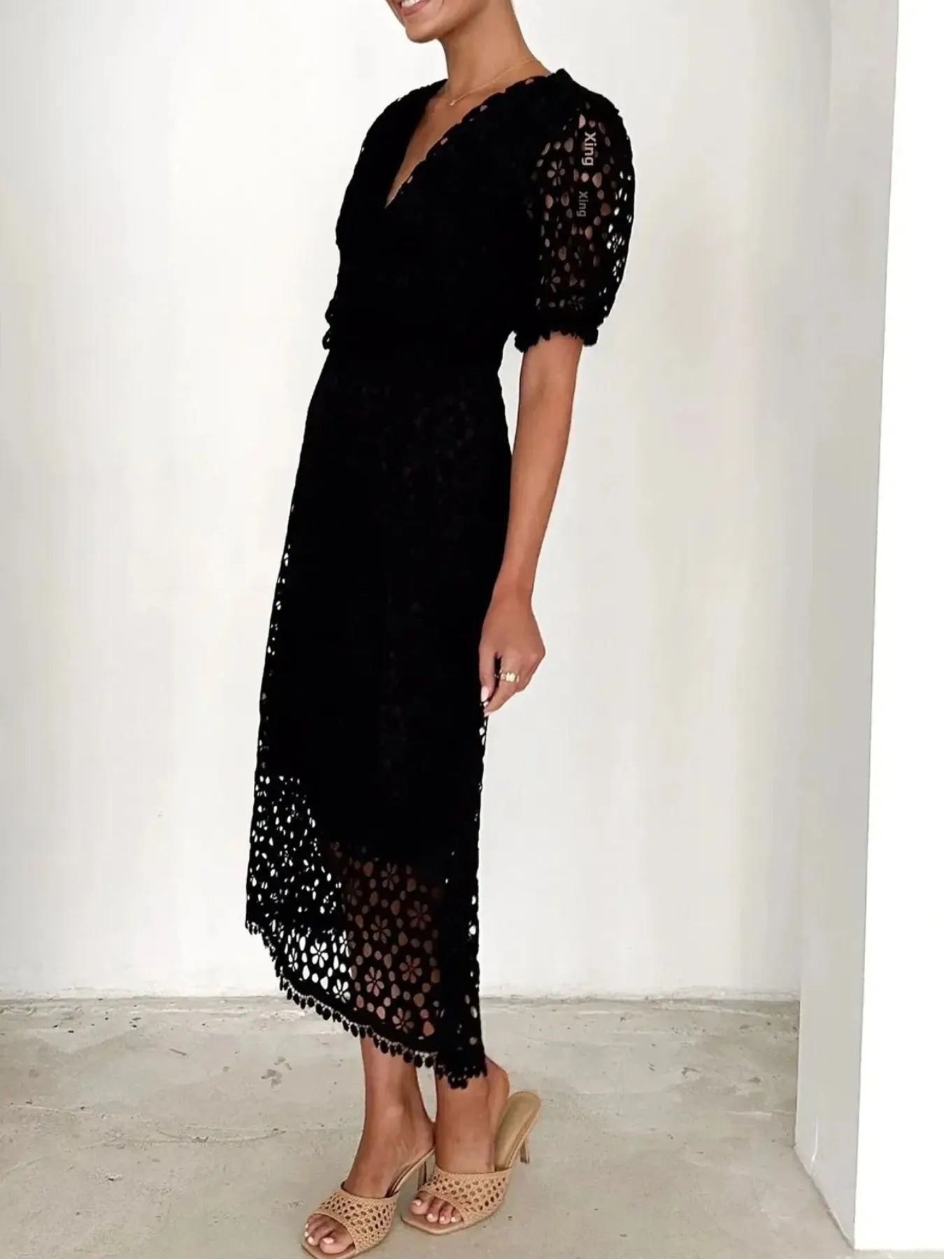 Image of Eyelet Lace V-Neck Midi Dress with Puff Sleeves | Queeble.shop