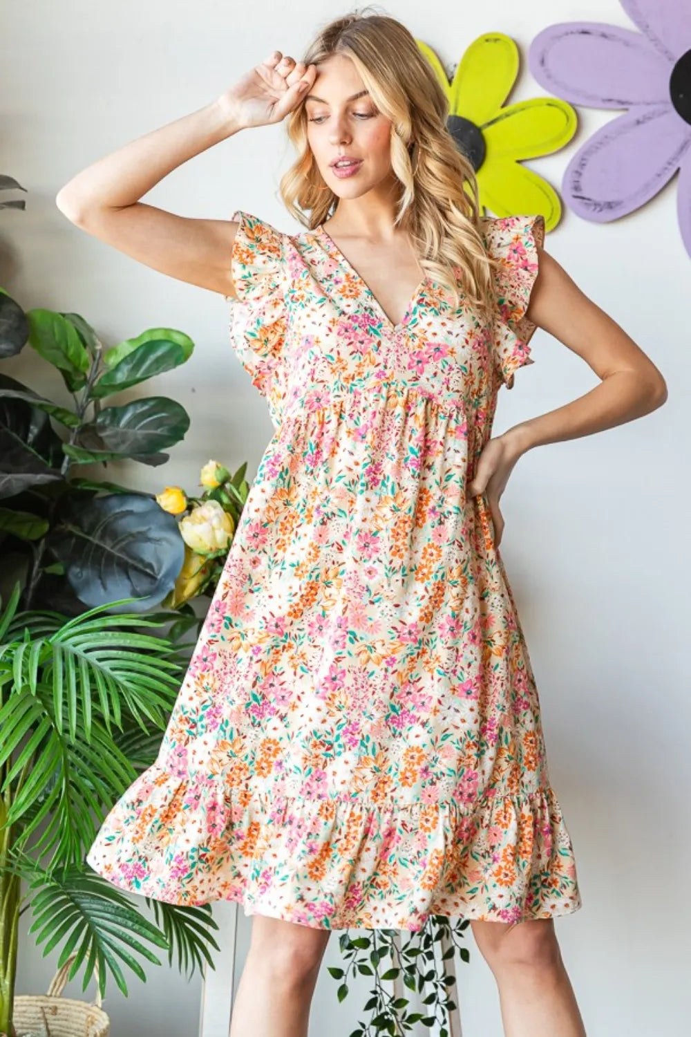 Image of Heimish Full Size Floral Ruffled V-Neck Dress | Queeble.shop