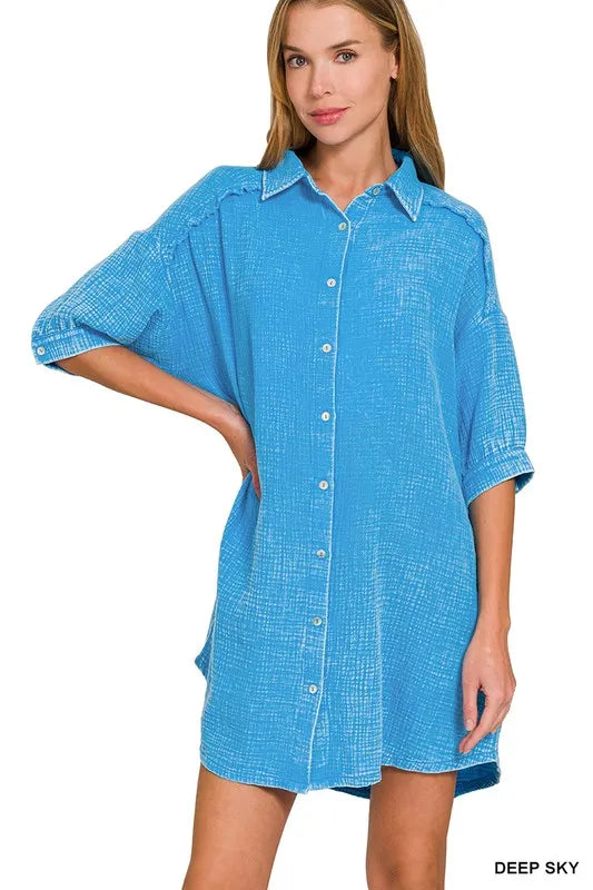 Image of Zenana Washed Double Gauze Button Down Shirt Dress | Queeble.shop