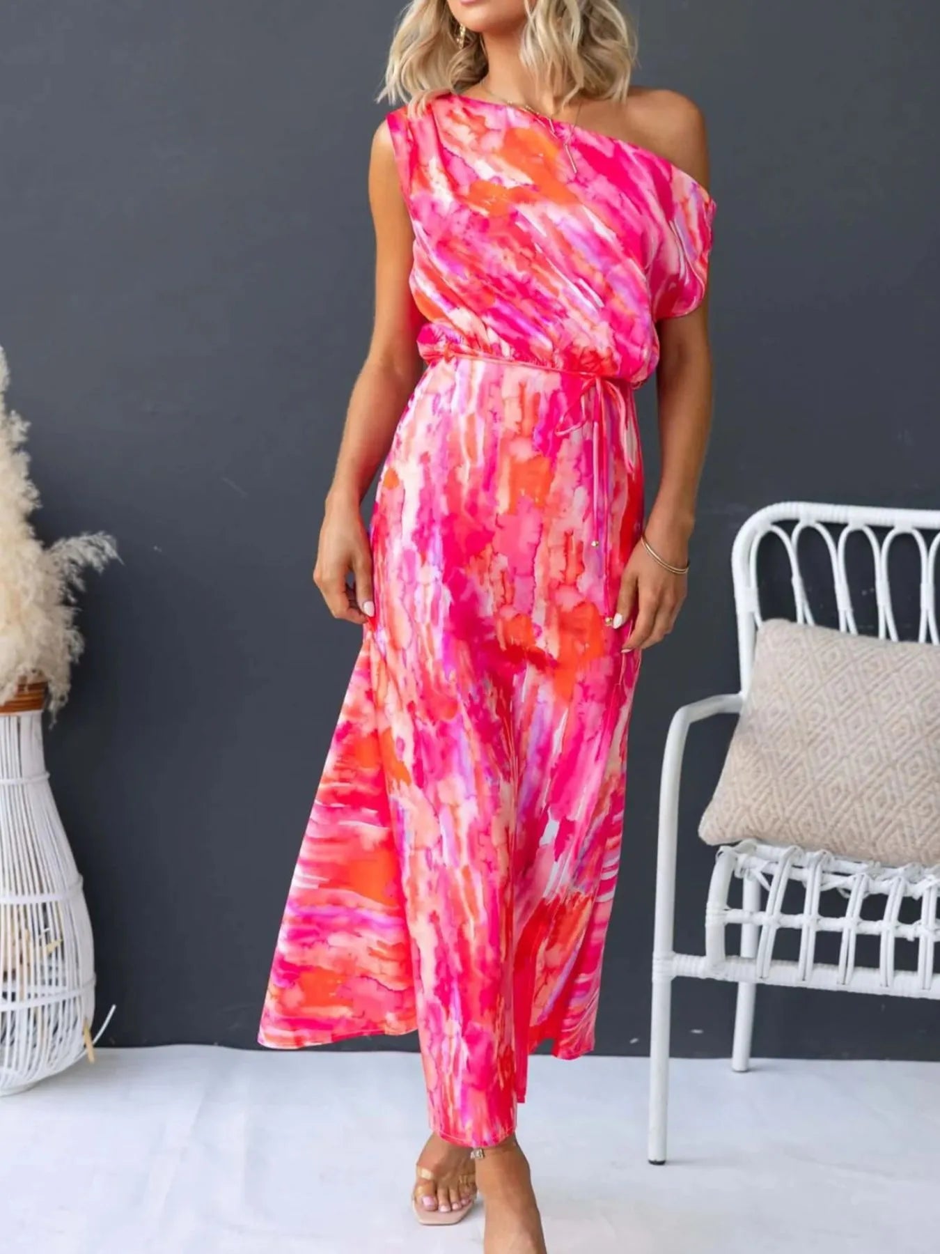 Image of One Shoulder Printed Dress with Slit | Queeble.shop