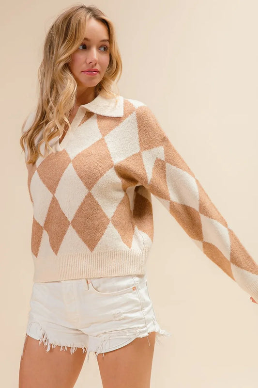 Image of BiBi Diamond Pattern Collared Notch Neck Sweater | Queeble.shop