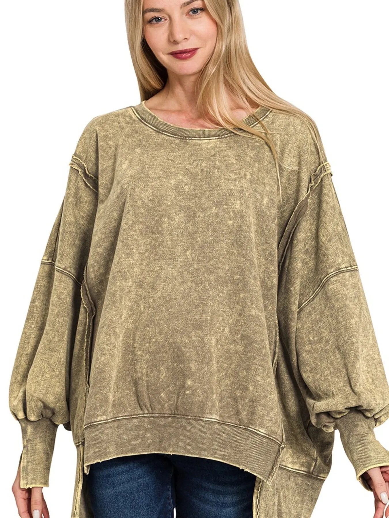Image of Zenana Acid Wash Exposed-Seam High Low Sweatshirt | Queeble.shop
