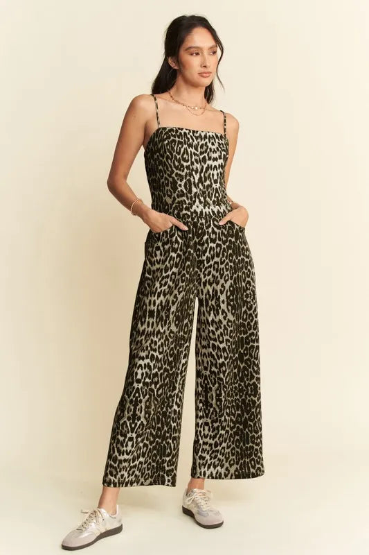 Image of Davi & Dani Leopard Spaghetti Straps Wide Leg Jumpsuit | Queeble.shop