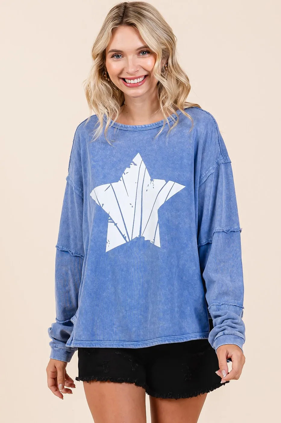 Image of Mittoshop Star Graphic Mineral Wash Long Sleeve Top | Queeble.shop