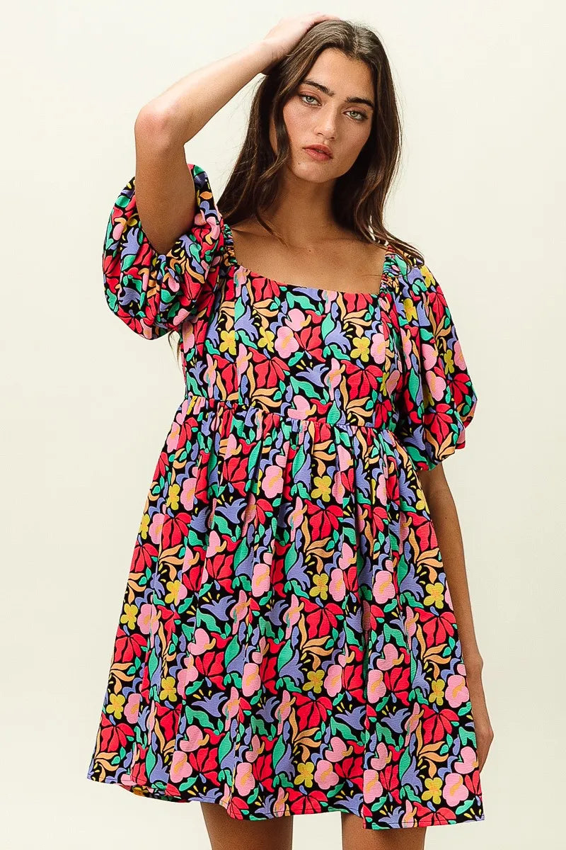 Image of BiBi Floral Print Puff Square Neck Dress | Queeble.shop