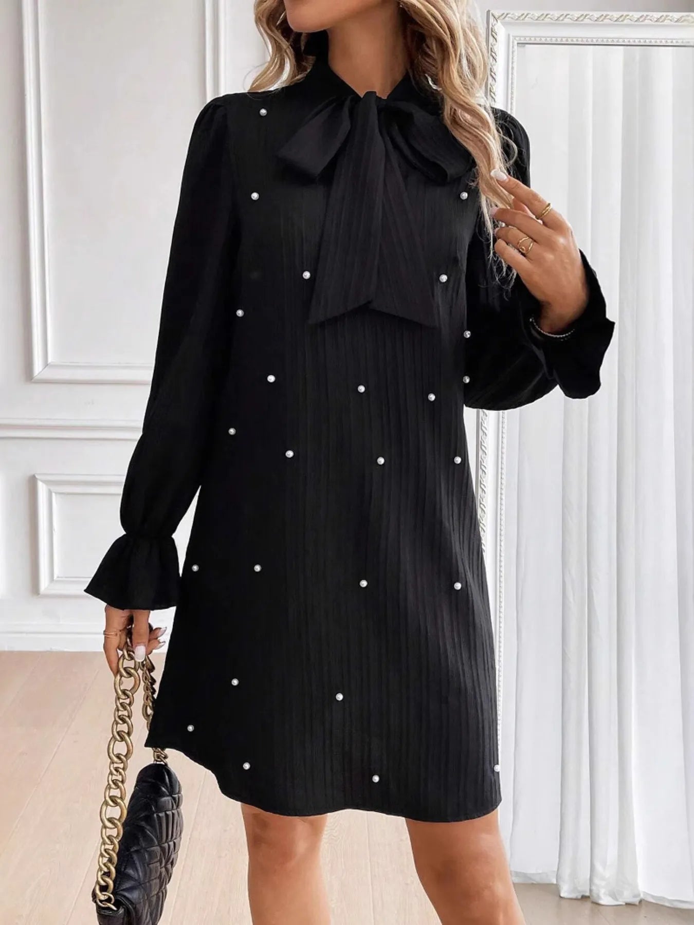 Image of Pearl Embellished Bow Tie Flounce Sleeve Dress | Queeble.shop