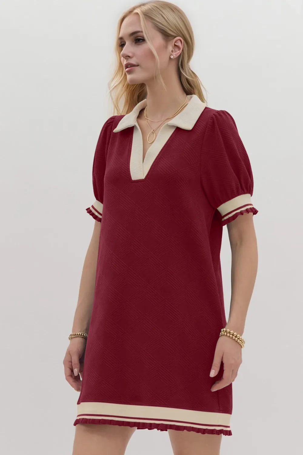 Image of Oh Frill Contrast Trim Johnny Collar Short Sleeve Mini Dress | Queeble.shop