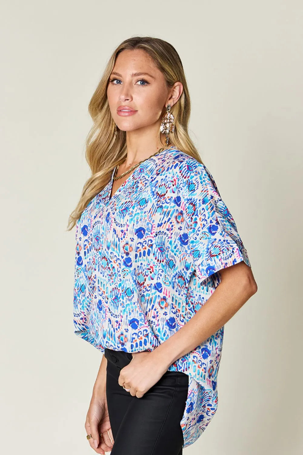 Image of Double Take Full Size Printed V-Neck Short Sleeve Blouse | Queeble.shop